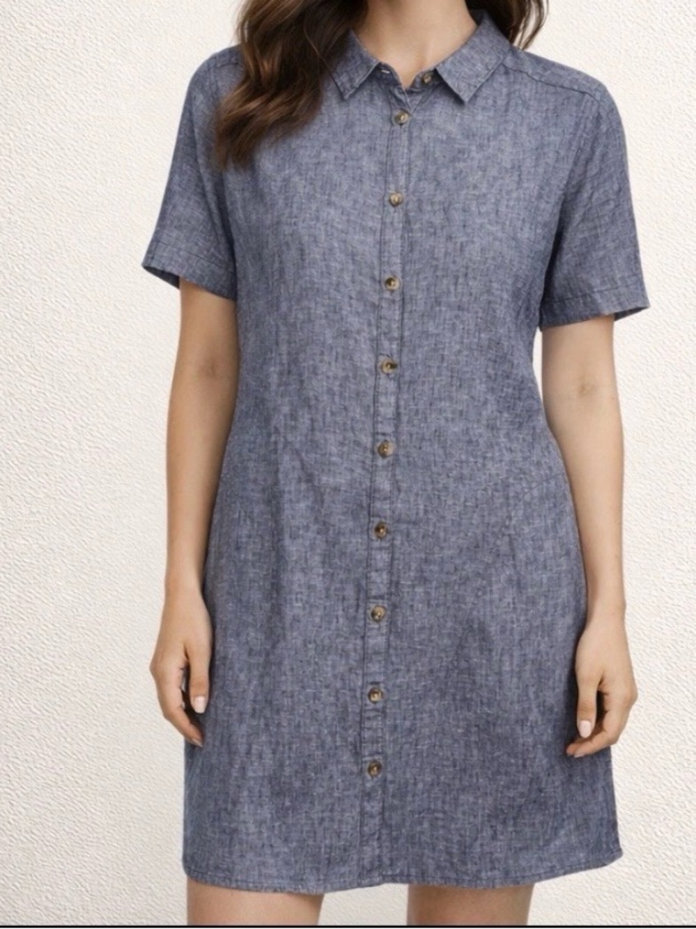 Tahari Linen heathered dark Blue Short Sleeve Women’s Mini Shirt Dress sz large